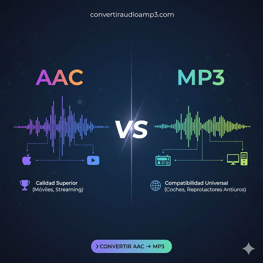 Comparación visual entre los formatos de audio AAC (calidad superior para móviles y streaming) y MP3 (compatibilidad universal para coches y reproductores antiguos), con el botón para convertir AAC a MP3.
