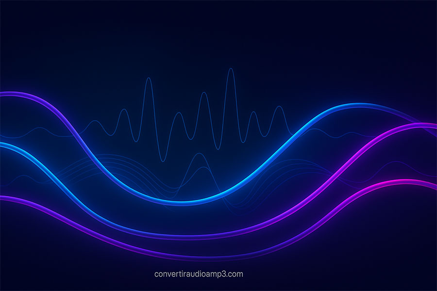 Fondo tecnológico oscuro con cables y ondas de audio digital