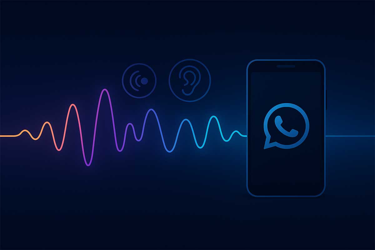 Banner horizontal sobre por qué se detienen los audios de WhatsApp con iconos del sensor de proximidad y soluciones.